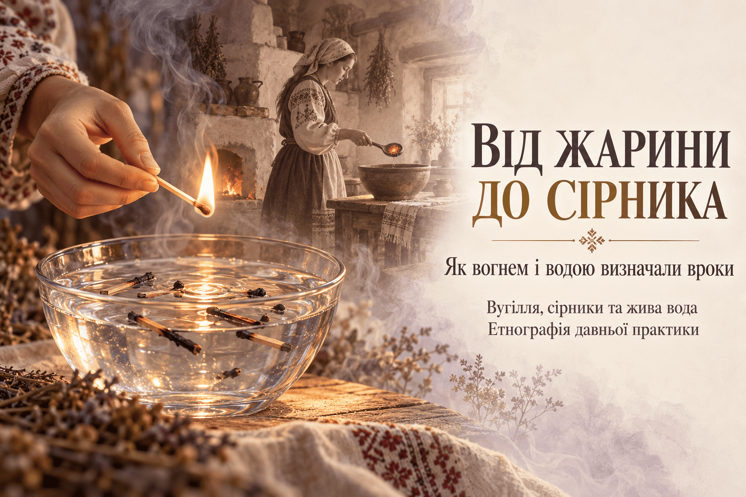 Палаючий сірник над мискою з водою на тлі давнього обряду гасіння вугілля